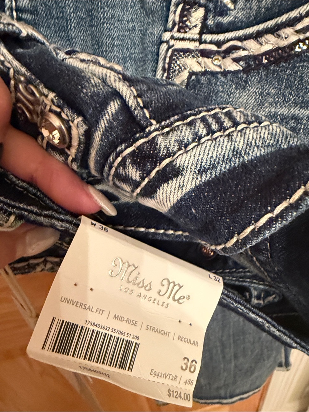 Miss Me Womens Distressed Blue Denim Jeans with Embroidered Pocket - Picture 7 of 10